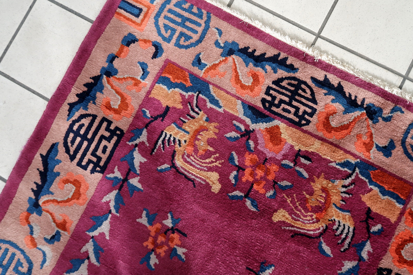 Intricate Designs Featuring Chinese Art Deco Aesthetics on Handmade Antique Rug - 1920s