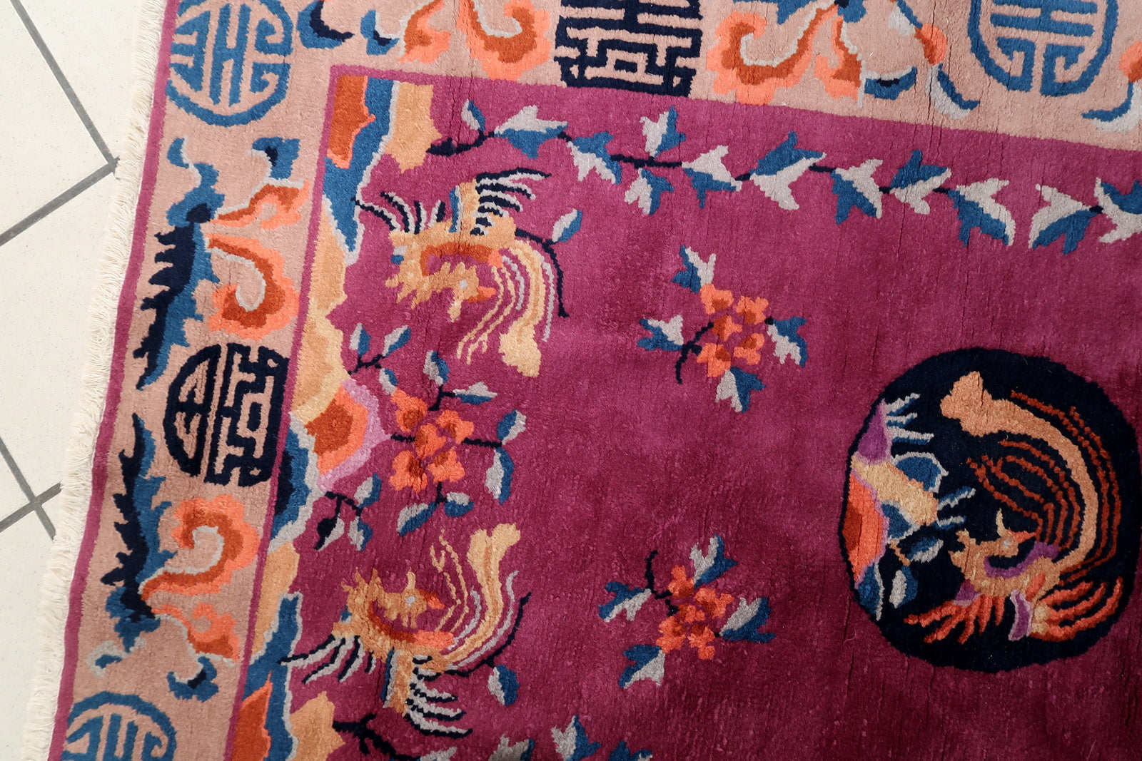 Shades of Orange and Blue Creating Striking Contrasts on Handmade Art Deco Chinese Rug - 1920s