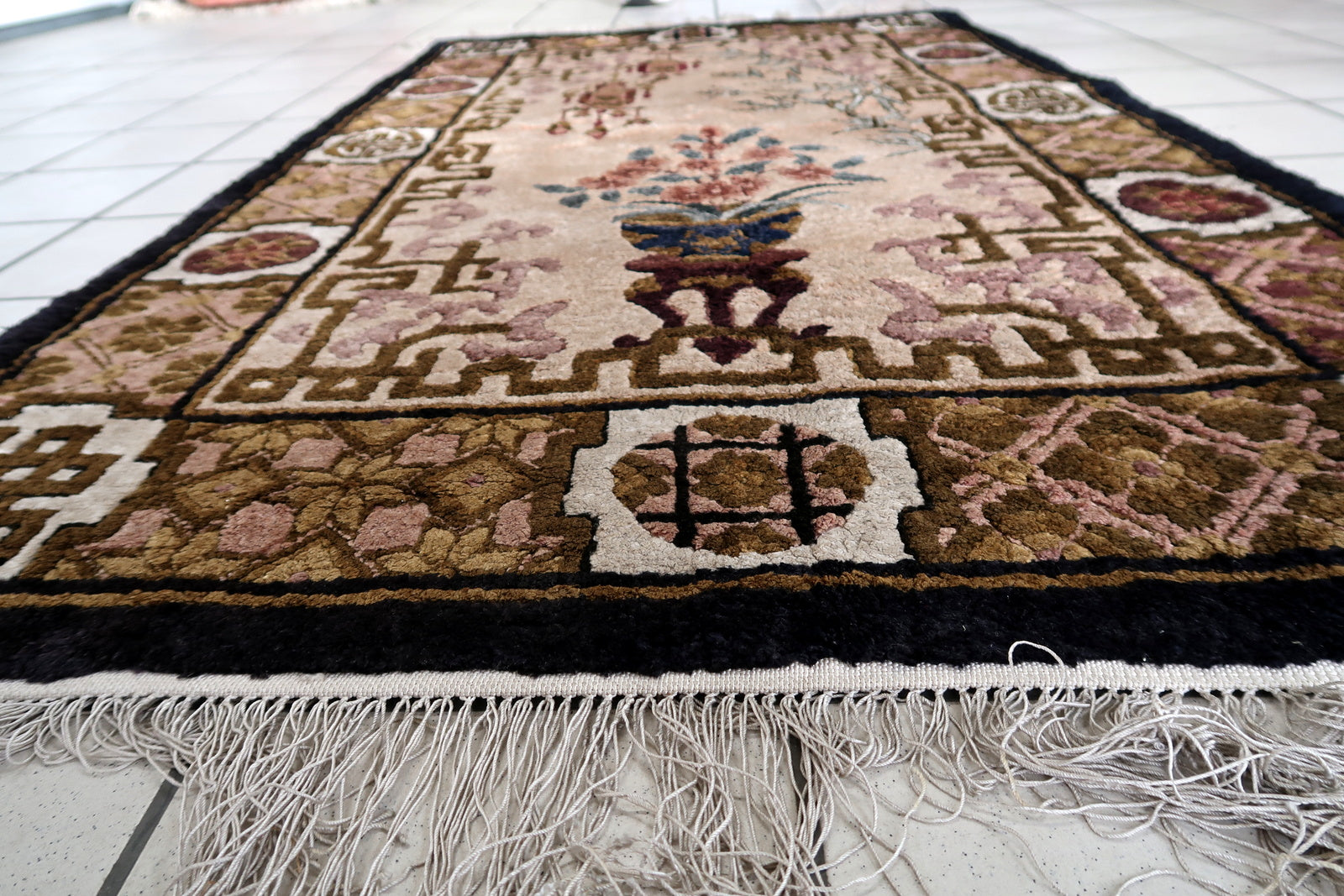 Intricate Geometric Patterns and Symbols Adorning Border of Antique Chinese Silk Rug - 1960s