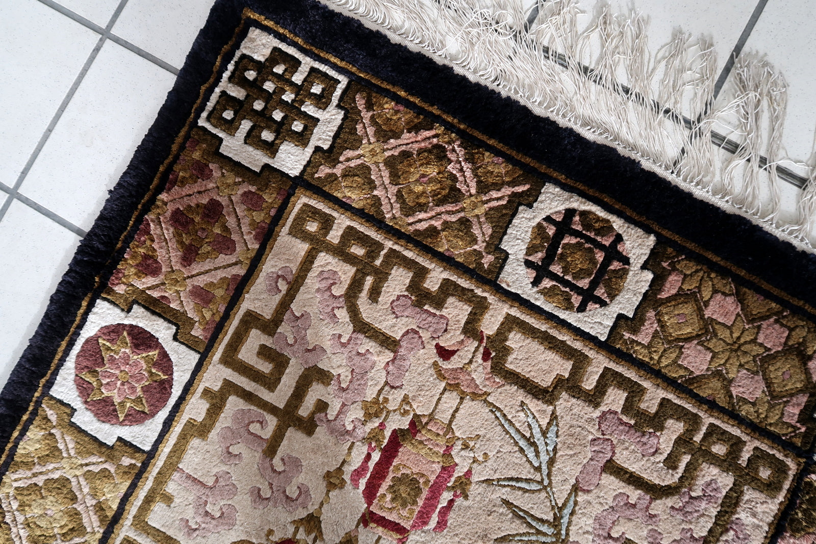 Intricate and Detailed Design Reflecting Traditional Chinese Artistry on Handmade Silk Rug - 1960s