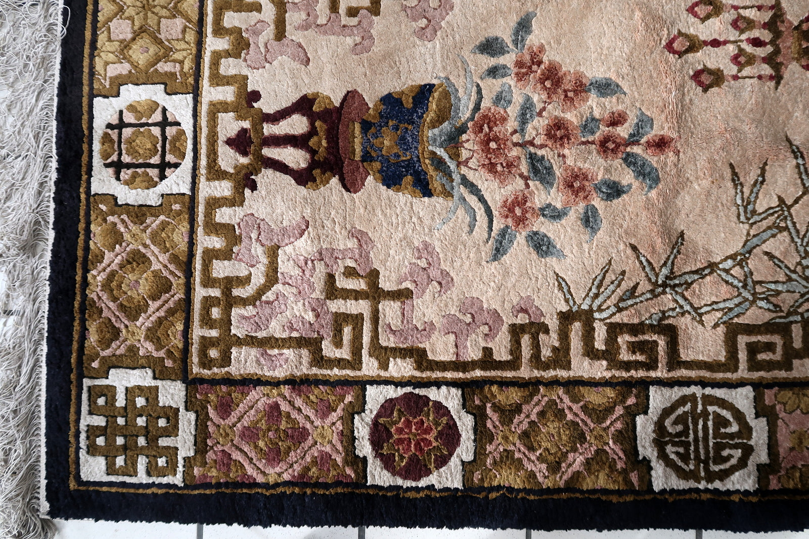 Cream Base Color Creating Neutral Backdrop on Antique Chinese Silk Rug - 1960s