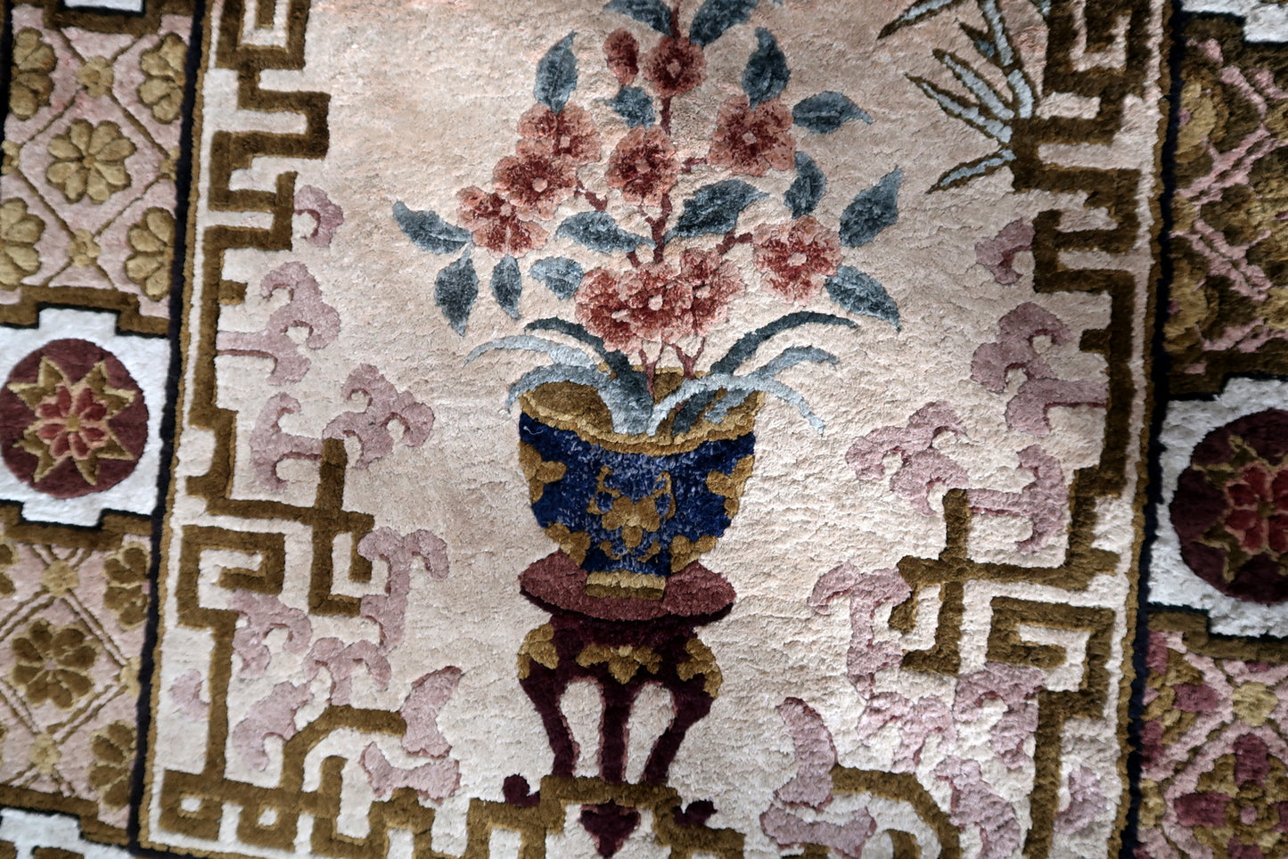 Harmonious Palette of Brown, Red, Green, and Blue Accent Colors on Vintage Art Deco Chinese Rug - 1960s
