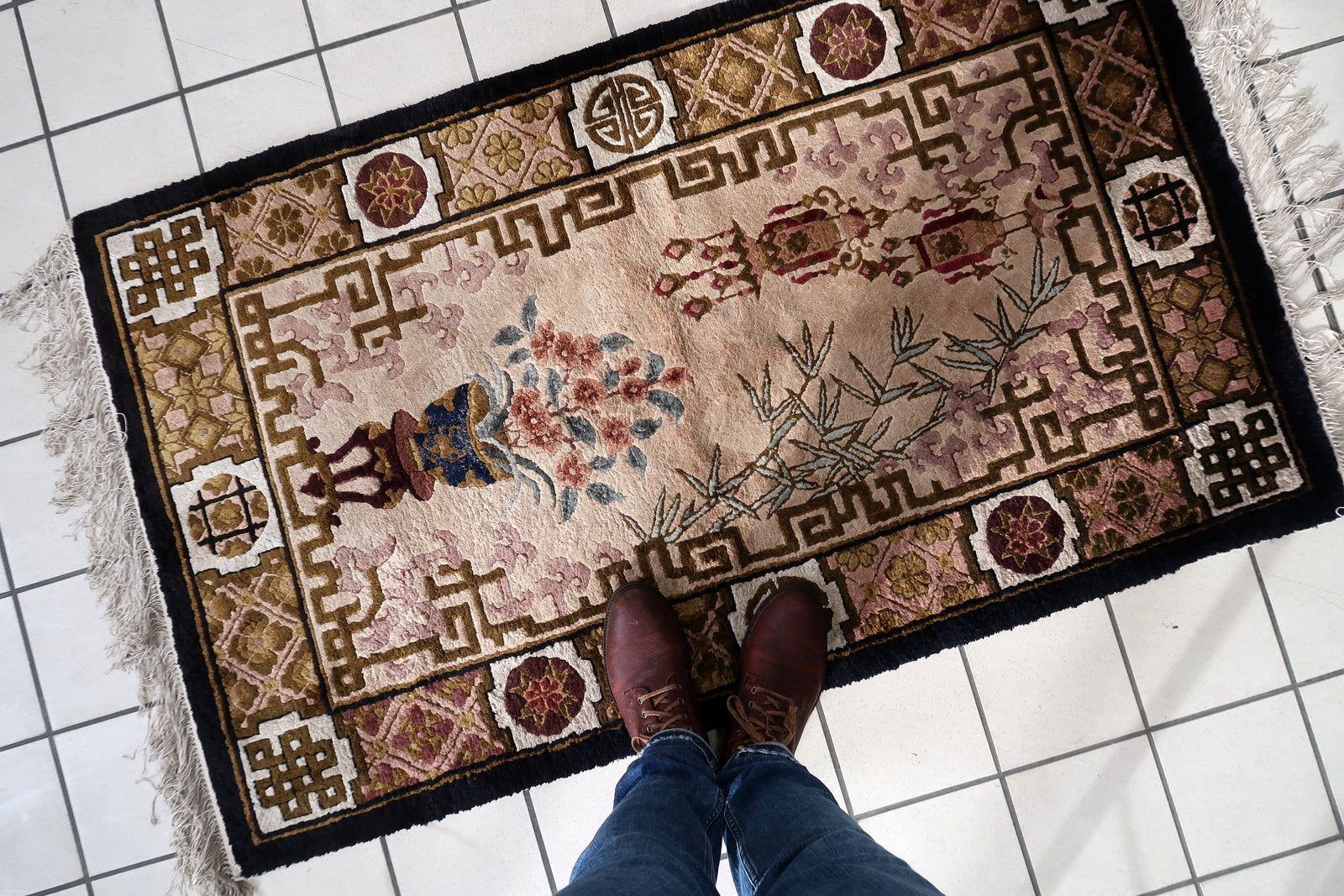 Prominent Floral Arrangements in Center Adding Color and Detail to Handmade Silk Rug - 1960s