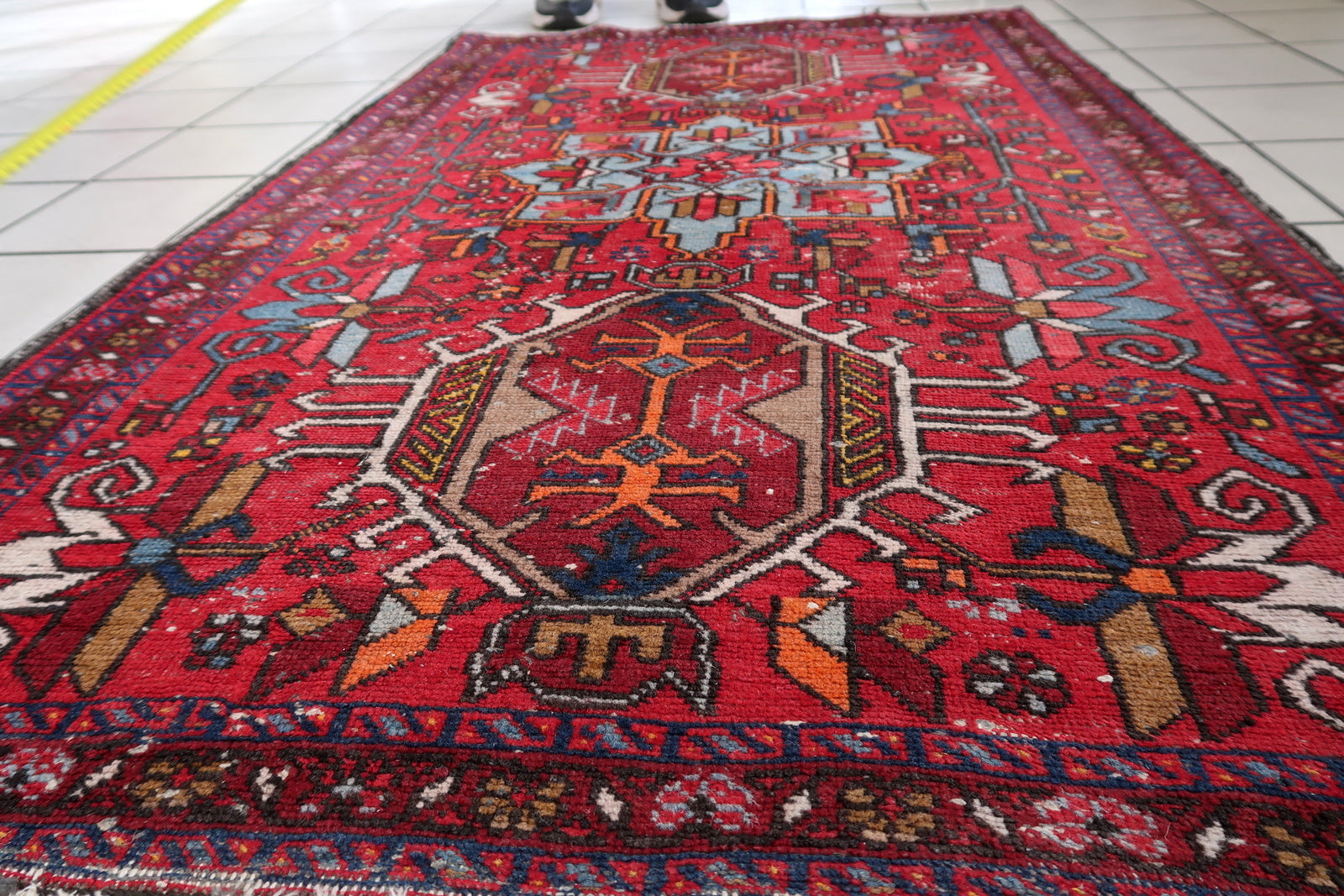Rectangular Shape and Rich Red Base Color of Antique Persian Karajeh Rug - 1920s