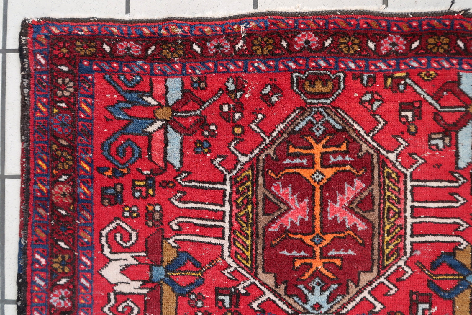 Rectangular Shape and Rich Red Base Color of Antique Persian Karajeh Rug - 1920s