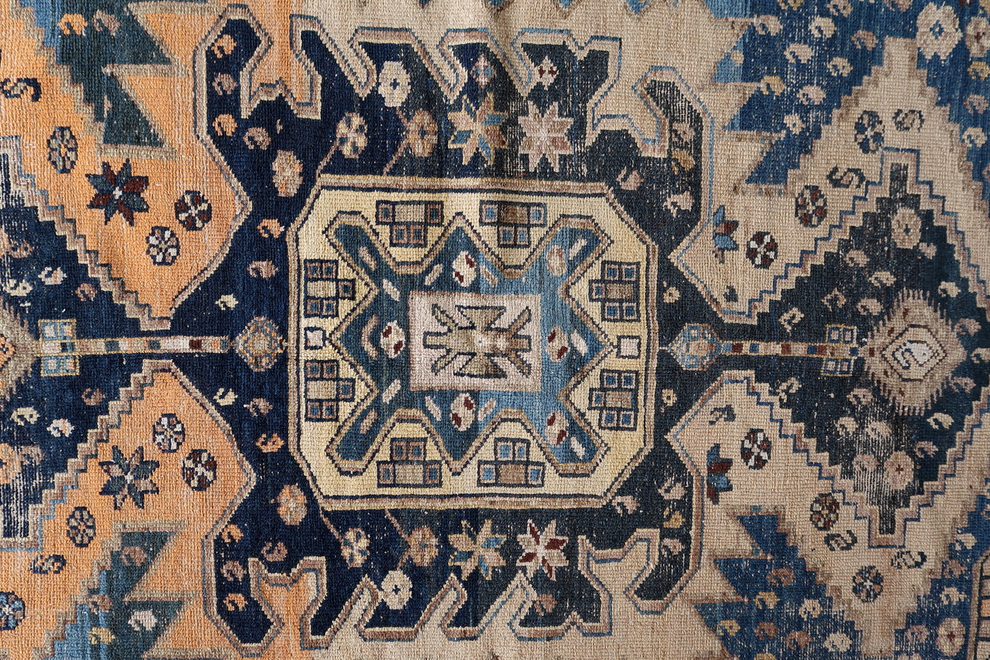 Close-up of wool material on Handmade Antique Caucasian Shirvan Rug - Detailed view showcasing the handcrafted wool material for durability and comfort.
