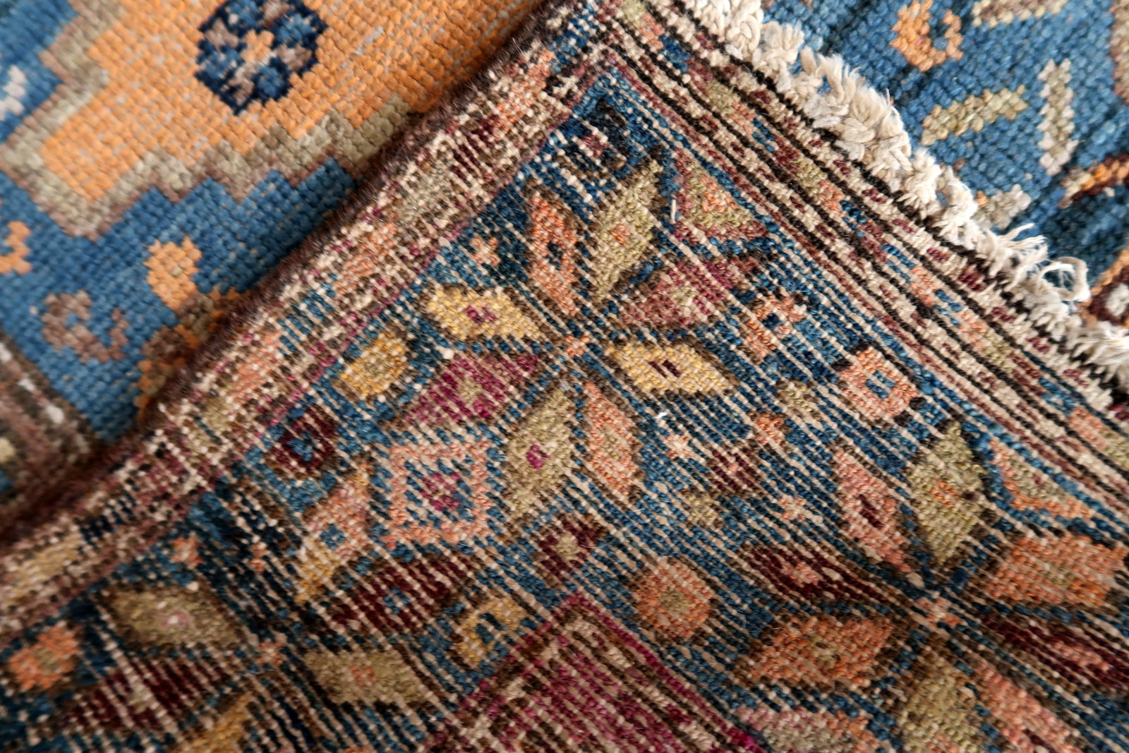 Back side of the Handmade Antique Caucasian Shirvan Rug - Underside view revealing handcrafted wool material.