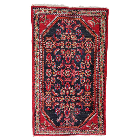 Handmade Vintage Persian Hamadan Rug - 1960s - Bright red and black colors with geometric design, in good condition.
