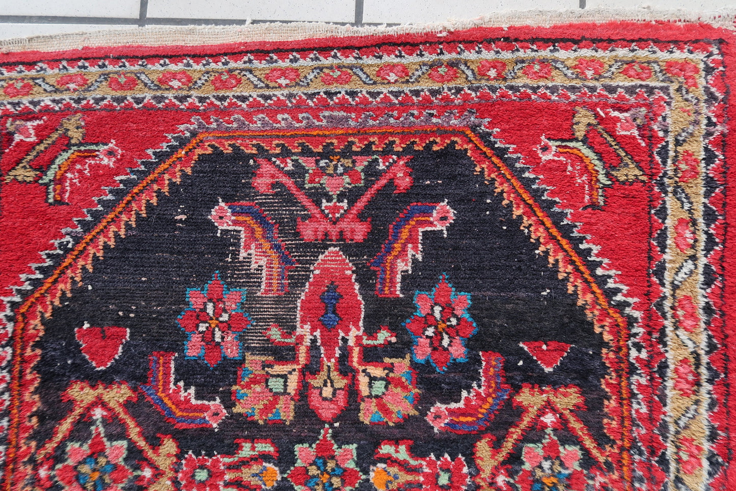 Close-up of bright red color on Handmade Vintage Persian Hamadan Rug - Detailed view highlighting the vibrant red hues.