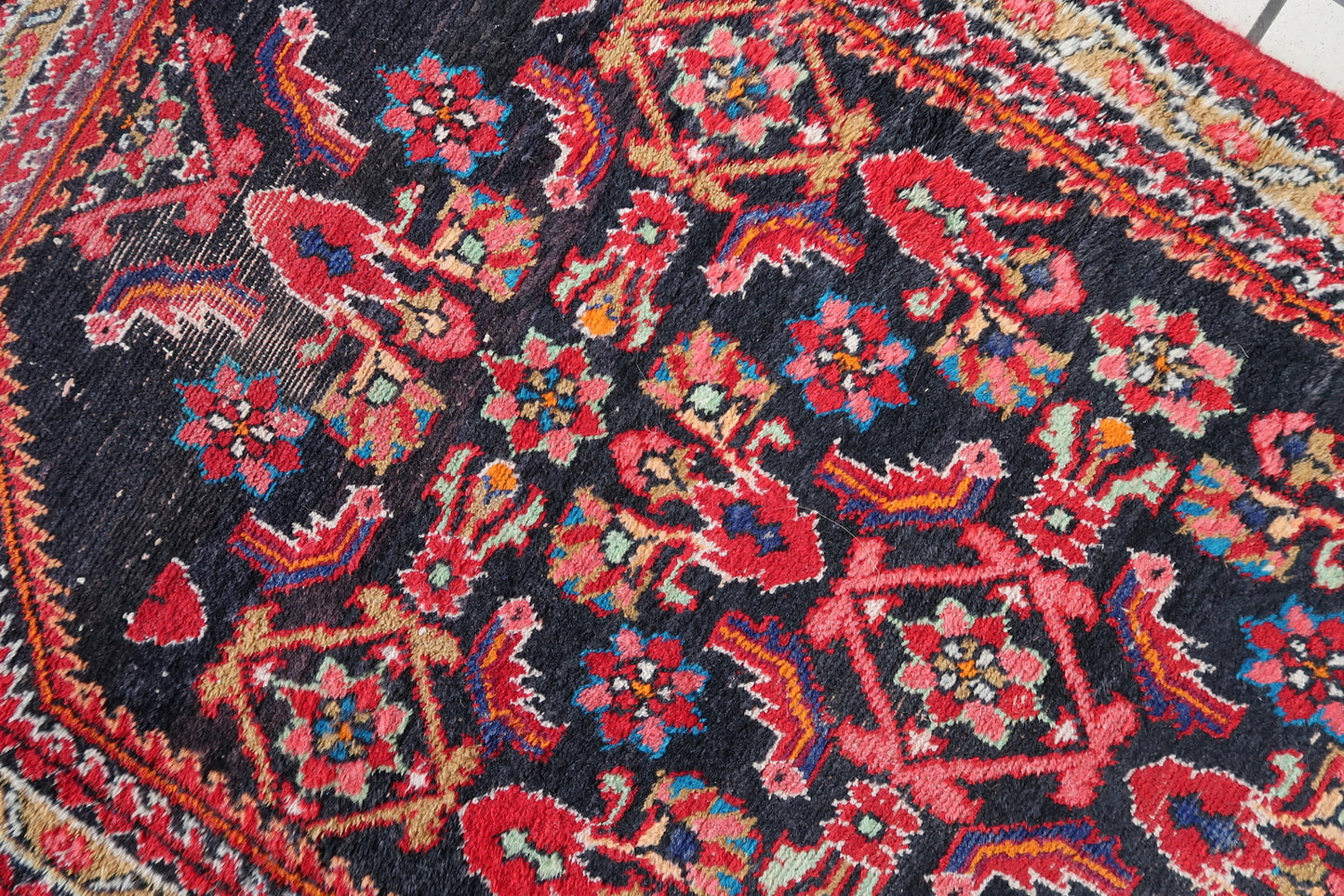 Close-up of black color on Handmade Vintage Persian Hamadan Rug - Detailed view showcasing the deep black tones.