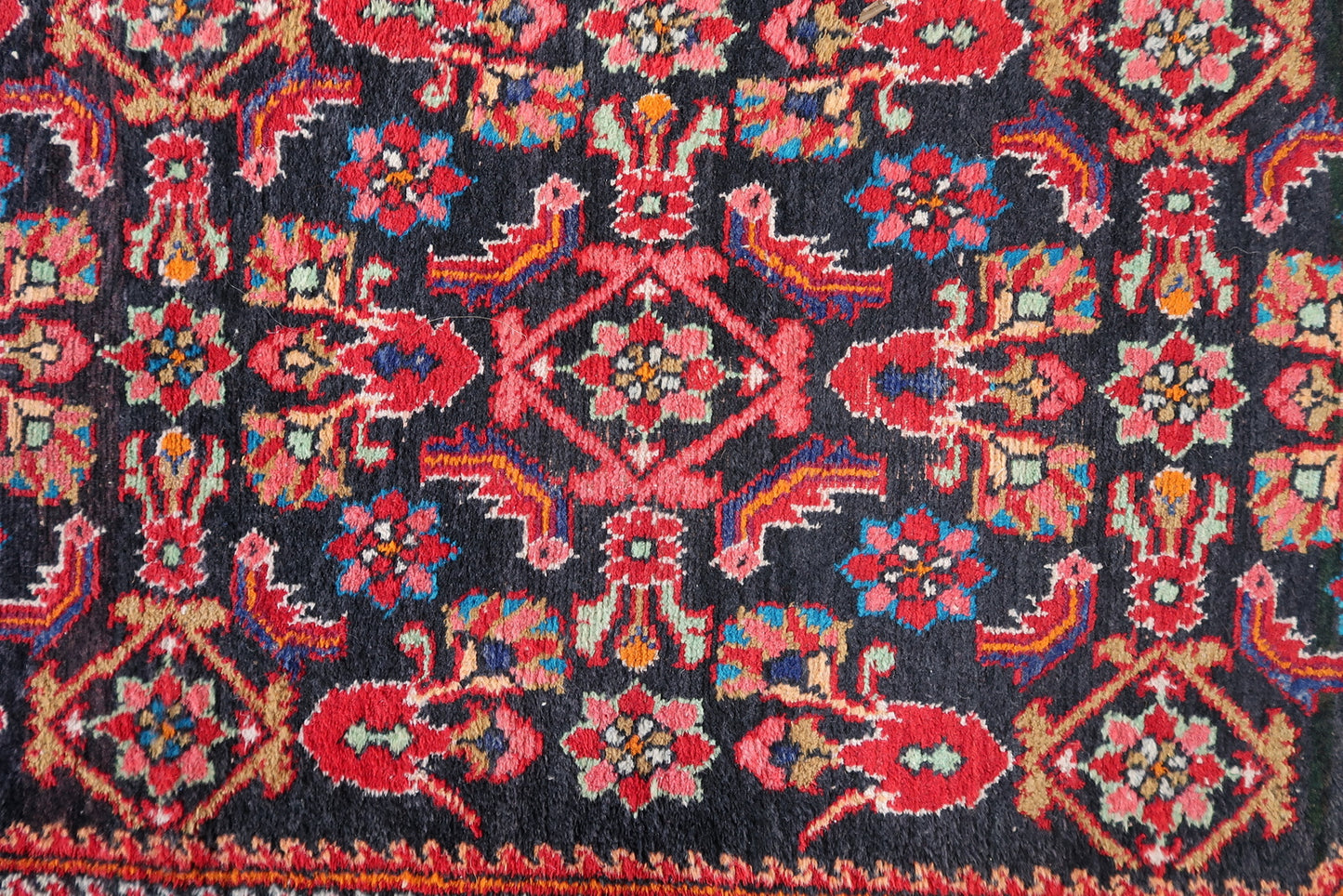 Close-up of rug's corner on Handmade Vintage Persian Hamadan Rug - Detailed view capturing the corner of the rug with its design.