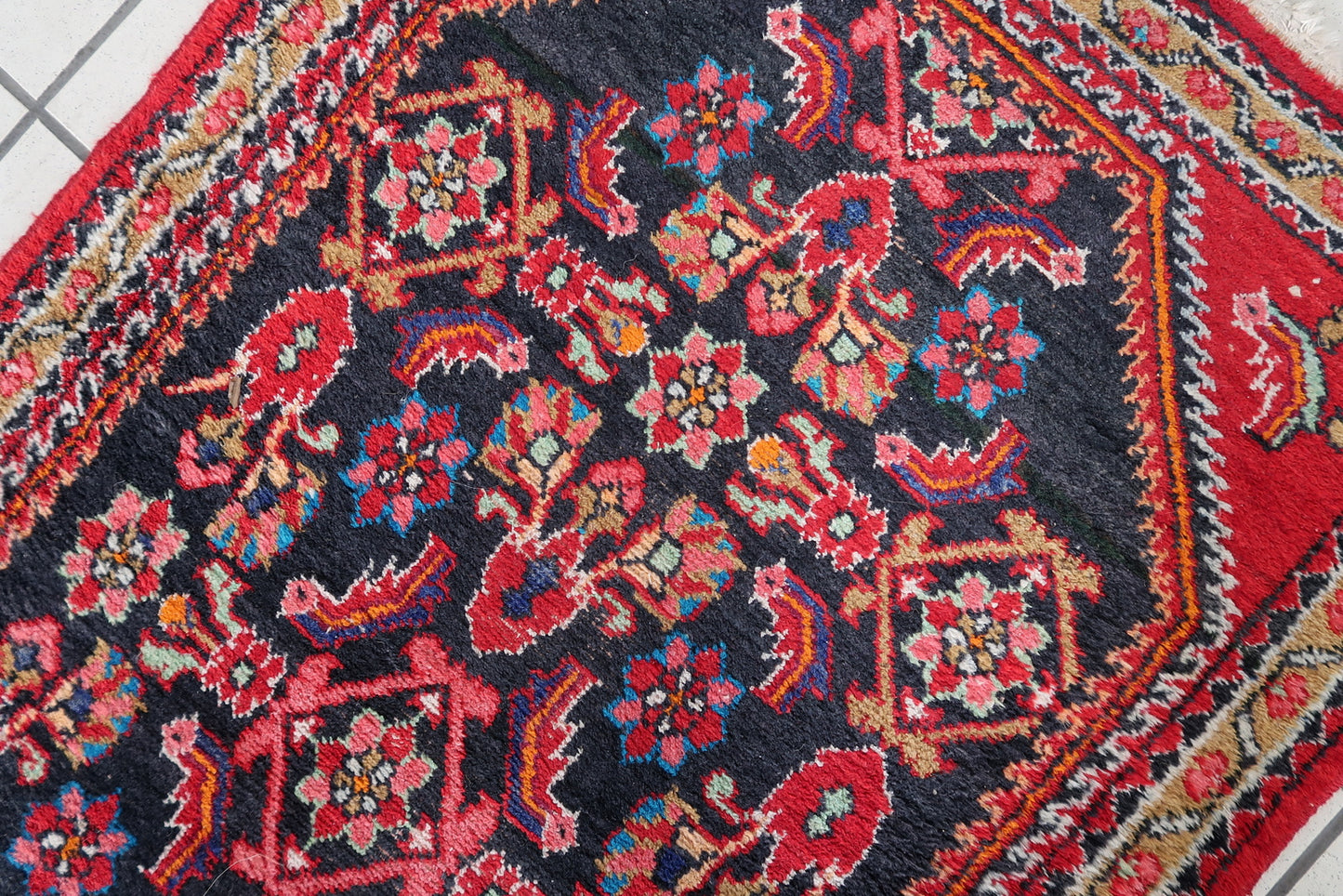 Close-up of good condition on Handmade Vintage Persian Hamadan Rug - Detailed view emphasizing the rug's well-preserved state.