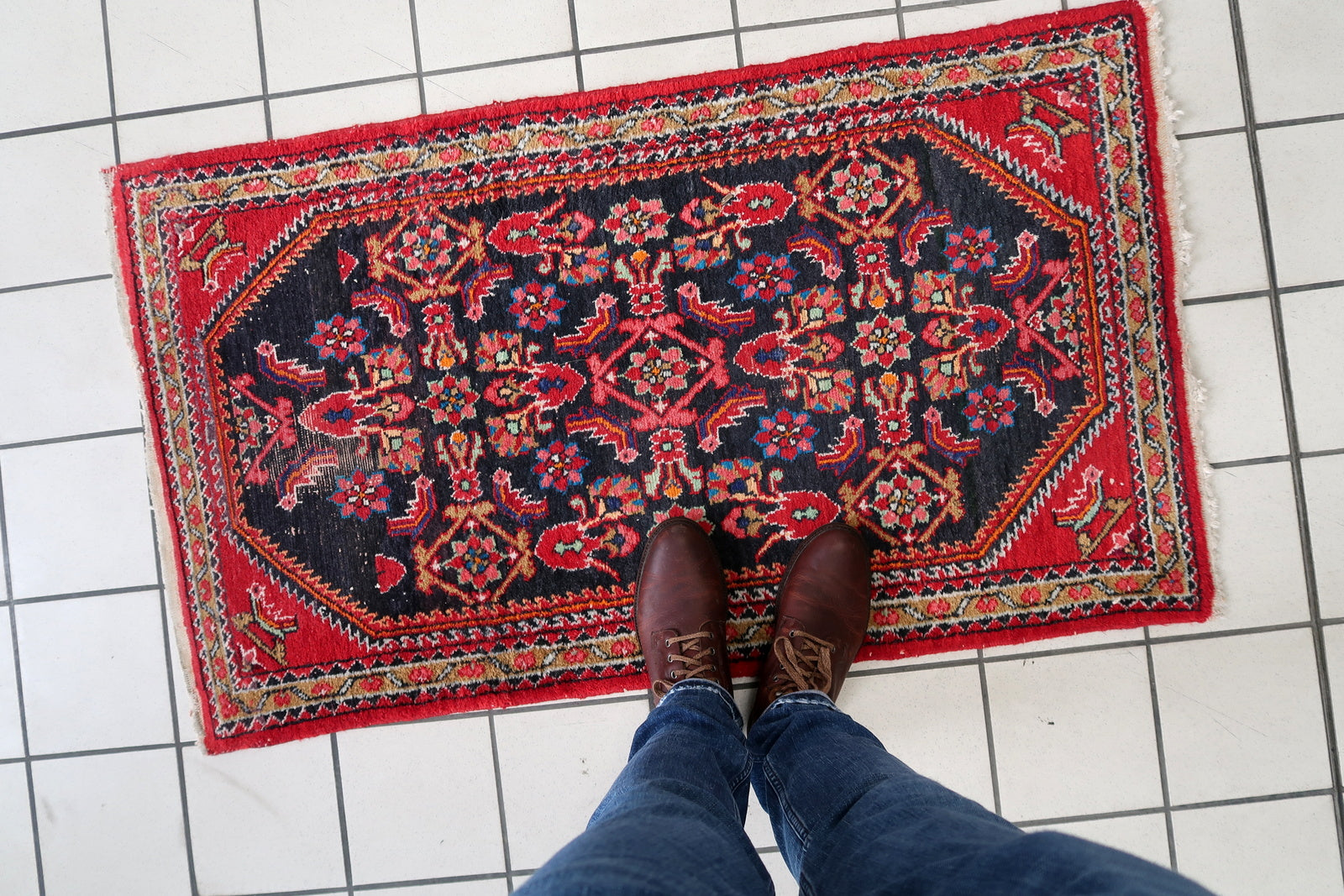 Close-up of durability on Handmade Vintage Persian Hamadan Rug - Detailed view highlighting the rug's durable construction.