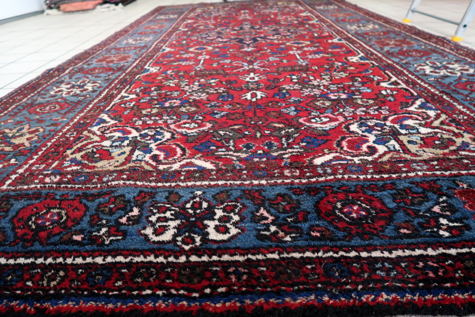 Close-up of vintage charm on Handmade Vintage Persian Malayer Rug - Detailed view showcasing the rug's vintage appeal.