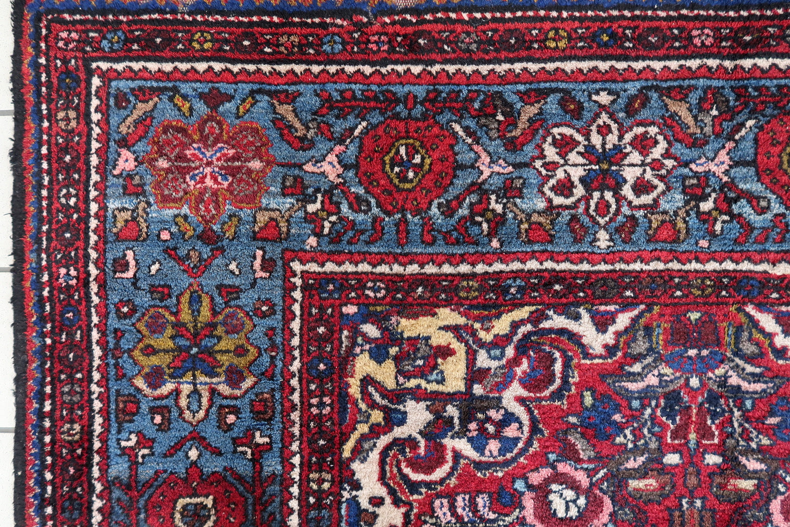Close-up of geometric designs on Handmade Vintage Persian Malayer Rug - Detailed view showcasing the intricate geometric patterns.
