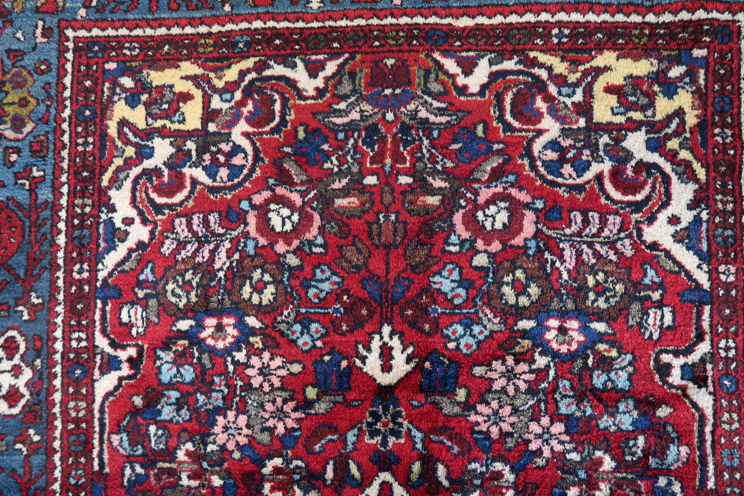 Close-up of navy blue hues on Handmade Vintage Persian Malayer Rug - Detailed view showcasing the deep navy blue tones.