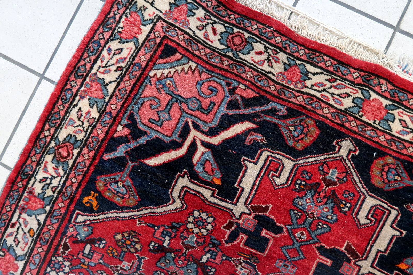 Close-up of intricate floral motifs on Handmade Vintage Persian Bidjar Rug - Detailed view showcasing the detailed floral motifs adding to the rug's charm.
