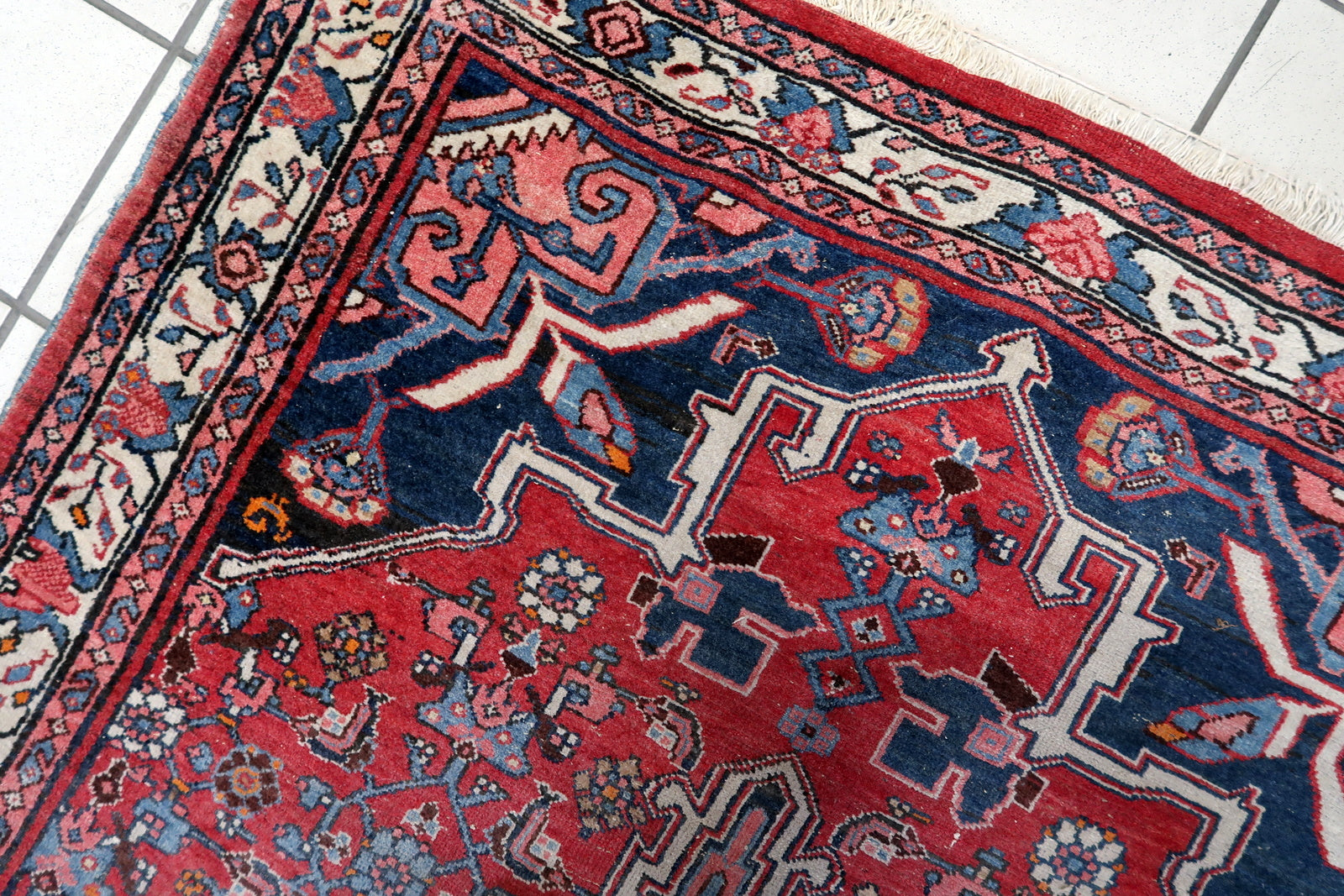 Close-up of deep red hues on Handmade Vintage Persian Bidjar Rug - Detailed view highlighting the rich deep red color dominating the rug.