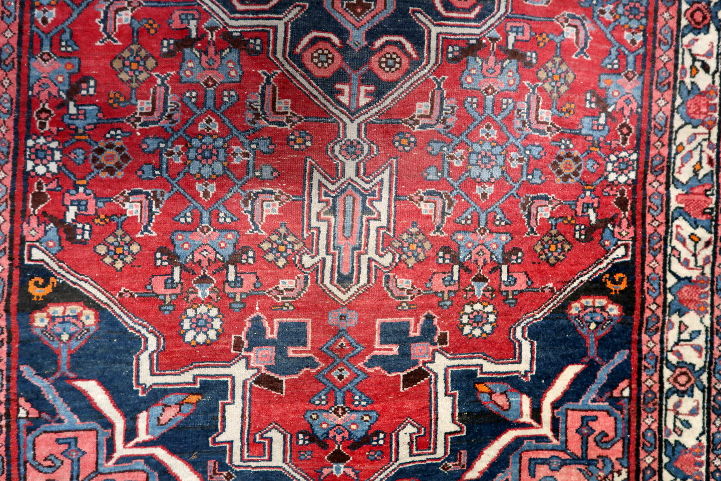 Close-up of navy blue accents on Handmade Vintage Persian Bidjar Rug - Detailed view emphasizing the navy blue accents adding depth to the rug's design.
