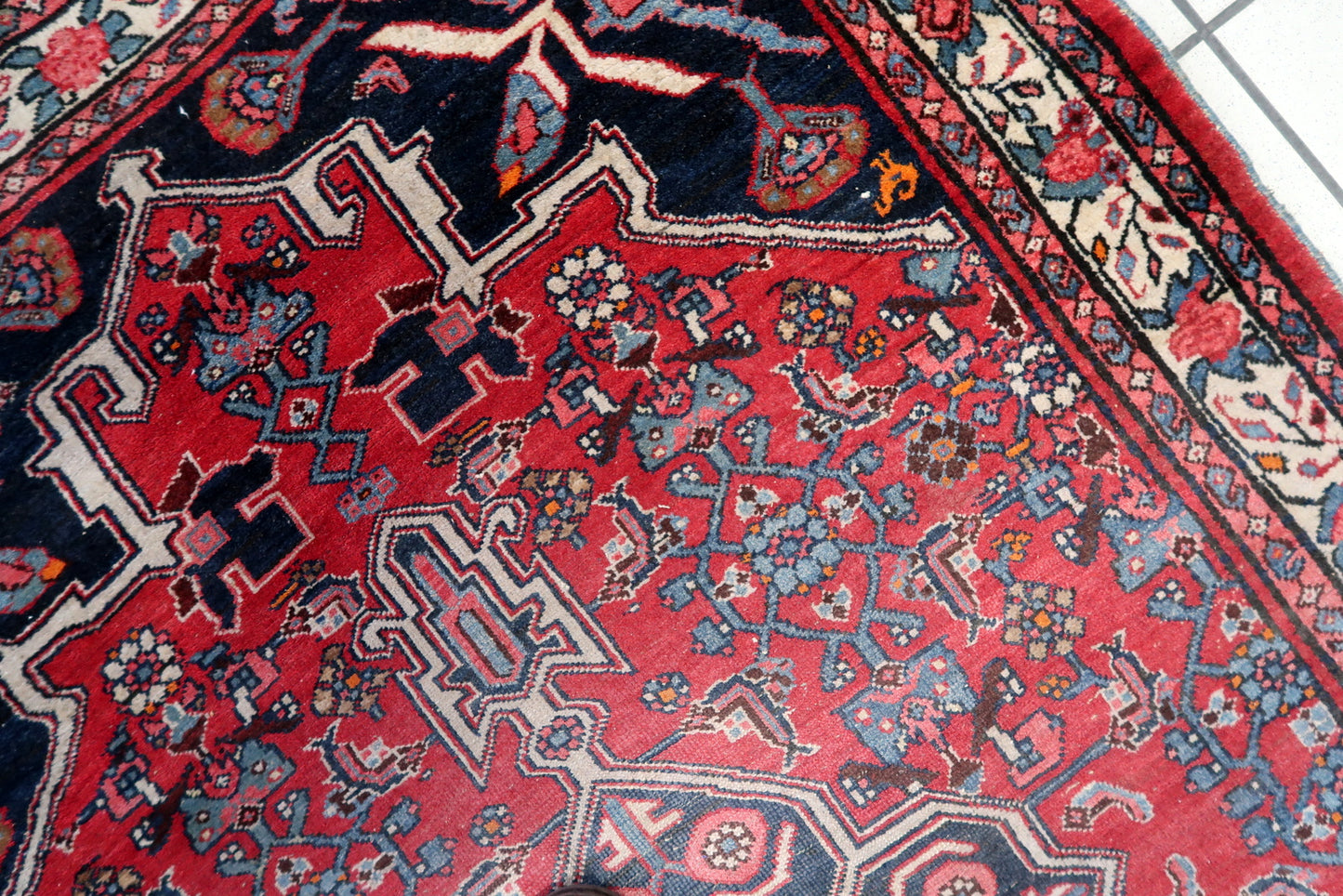 Close-up of wool material on Handmade Vintage Persian Bidjar Rug - Detailed view showcasing the wool material known for its resilience and softness.