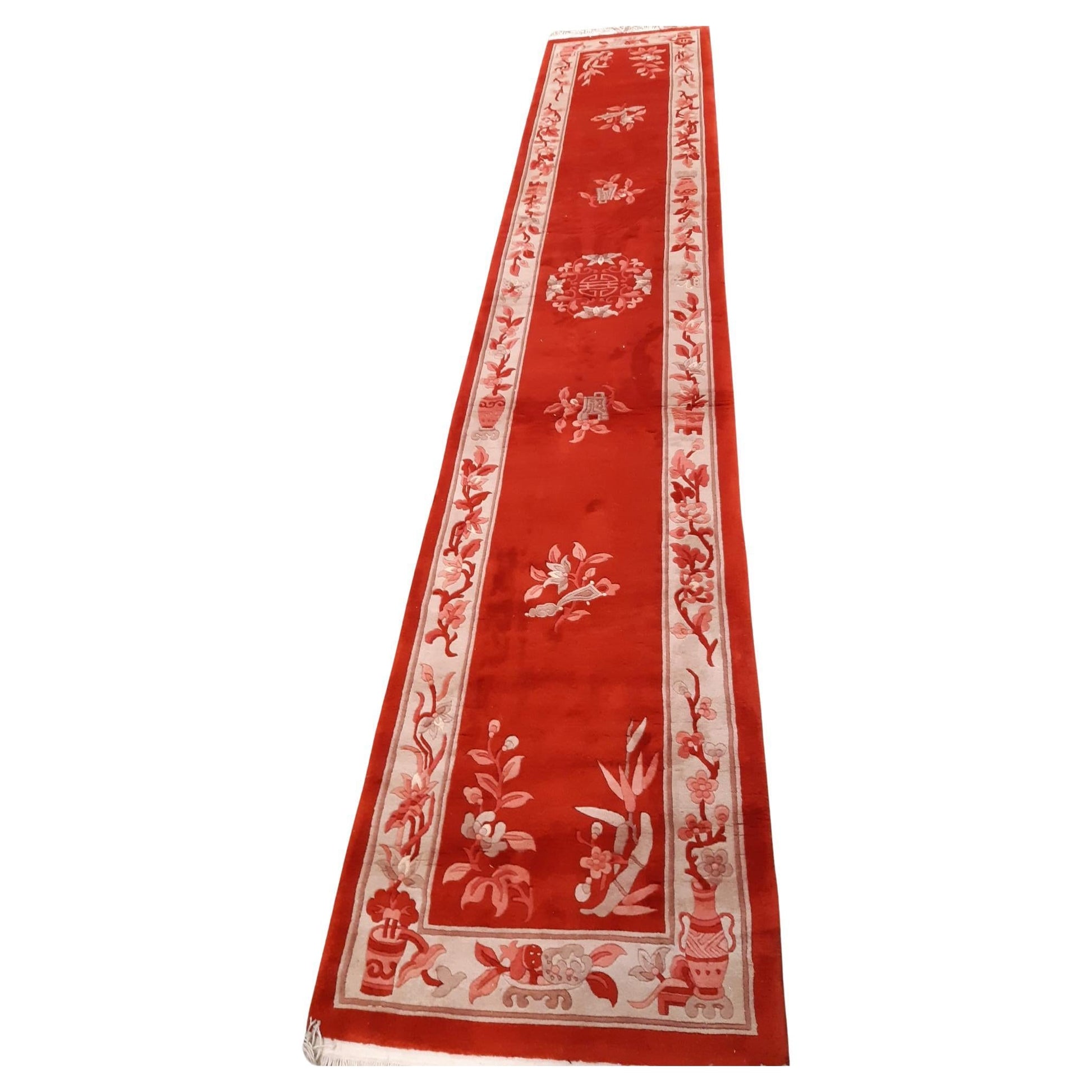 Handmade Art Deco Chinese runner rug in rich red tones
