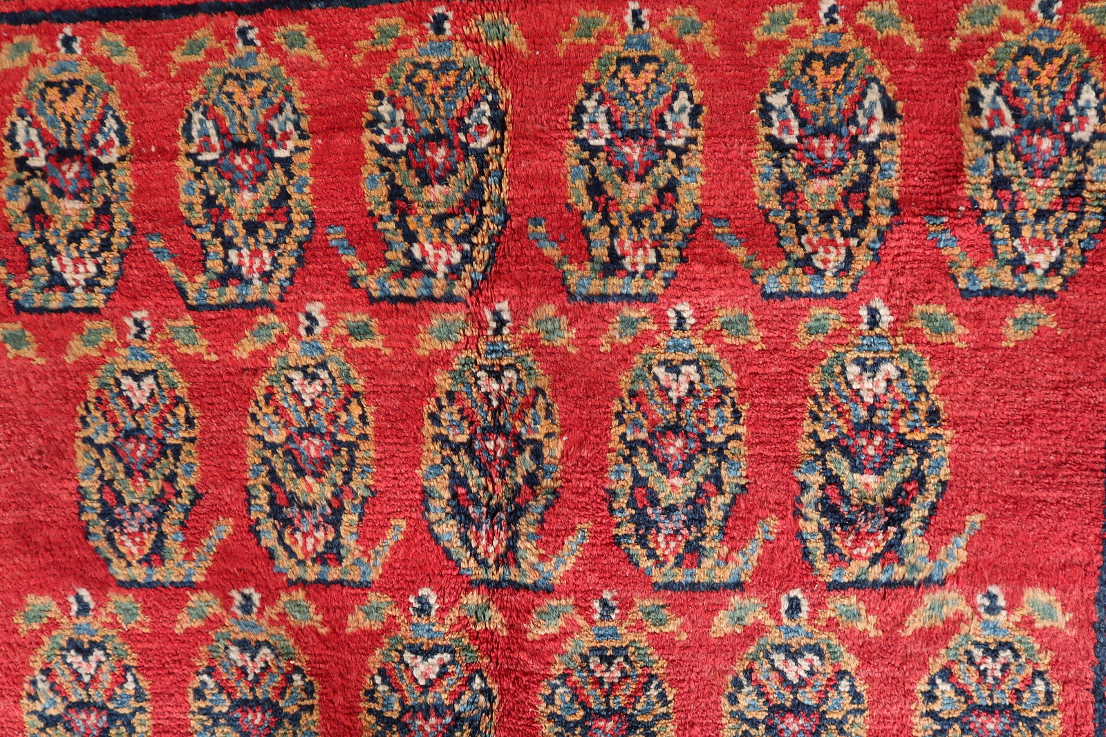 Angle shot capturing the rich, saturated red background color of the vintage rug.

