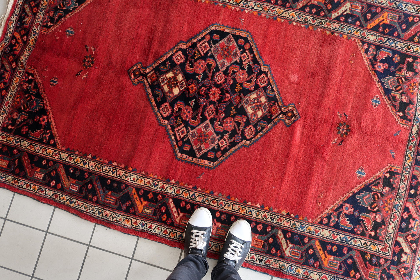 The Hamadan rug displaying its classic stepped medallion motif.

