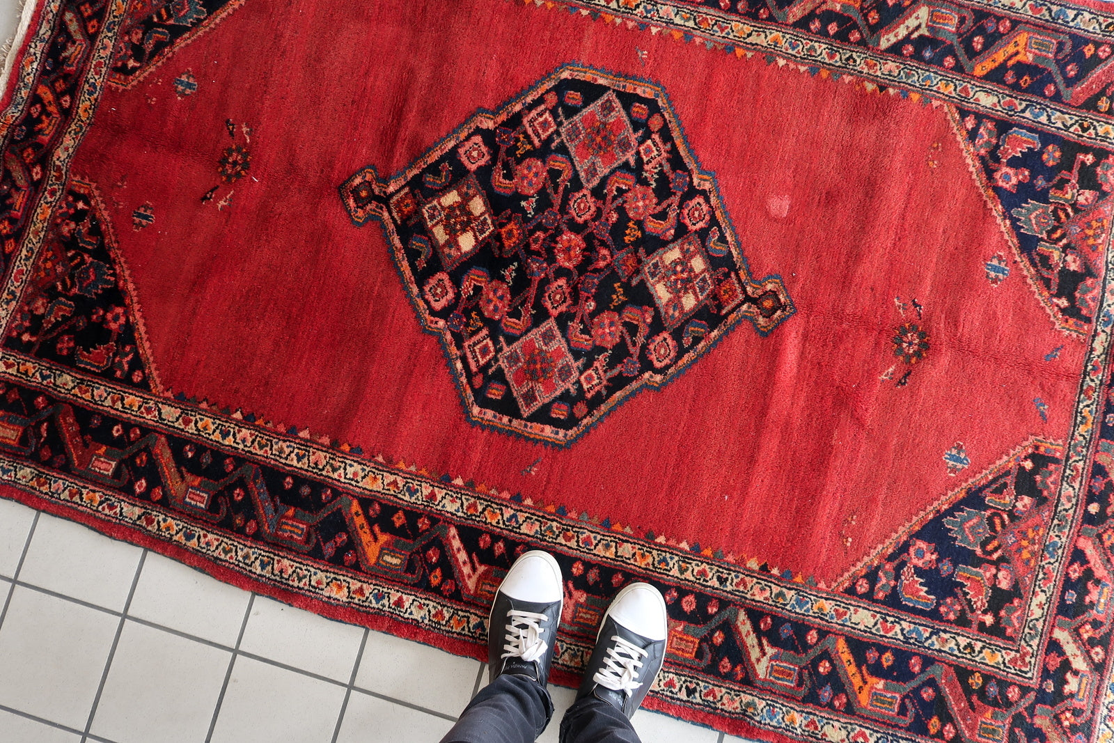 The Hamadan rug displaying its classic stepped medallion motif.


