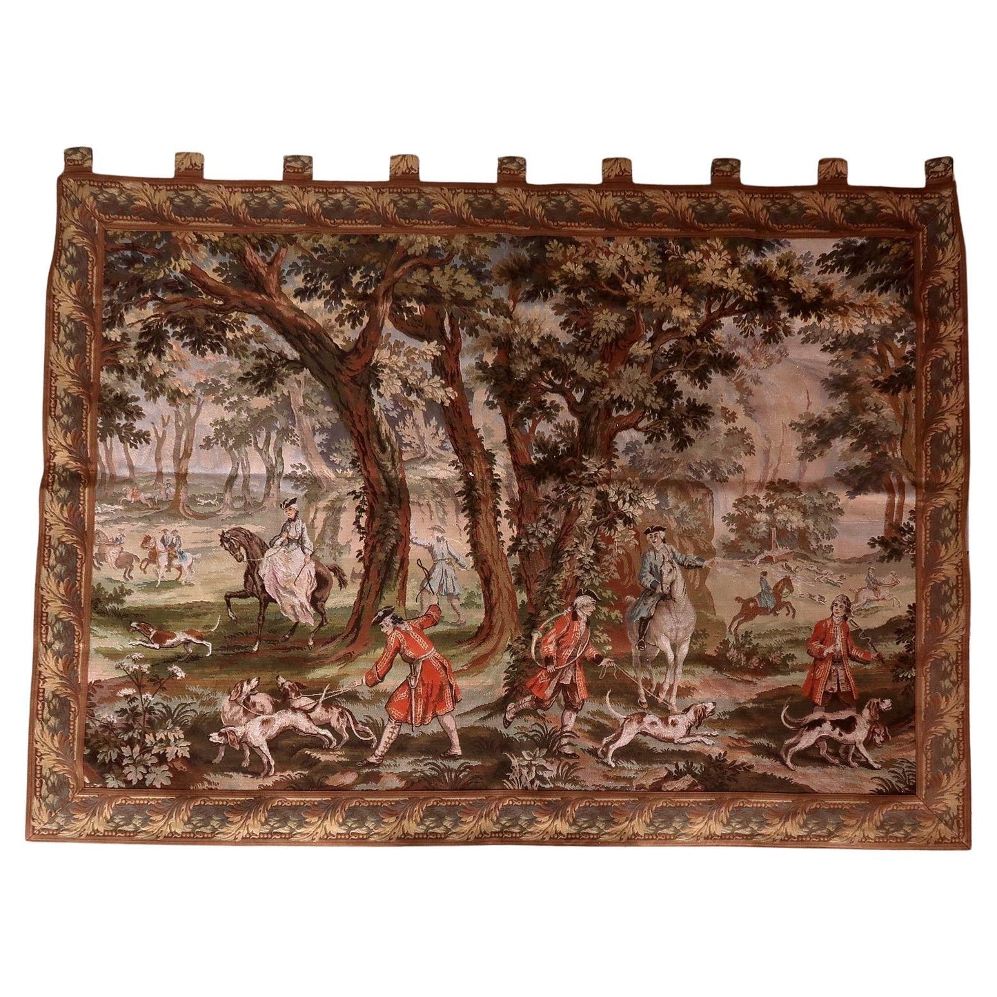 Large vintage German tapestry with a detailed hunting scene.

