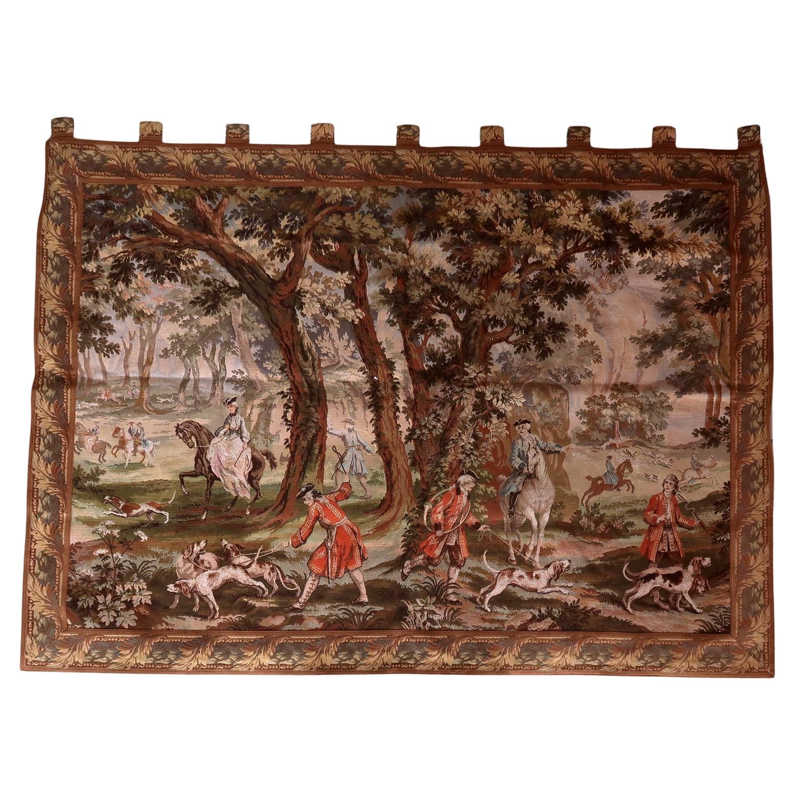 Large vintage German tapestry with a detailed hunting scene.

