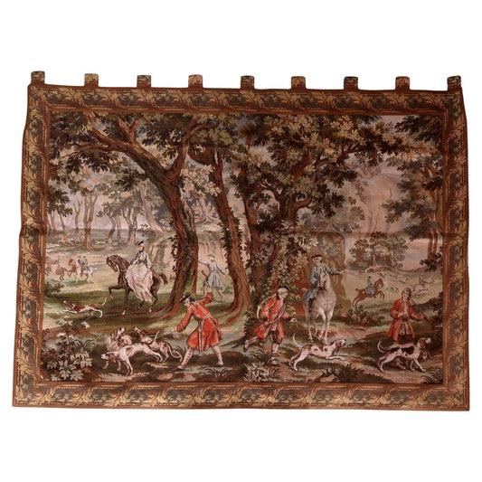 Large vintage German tapestry with a detailed hunting scene.

