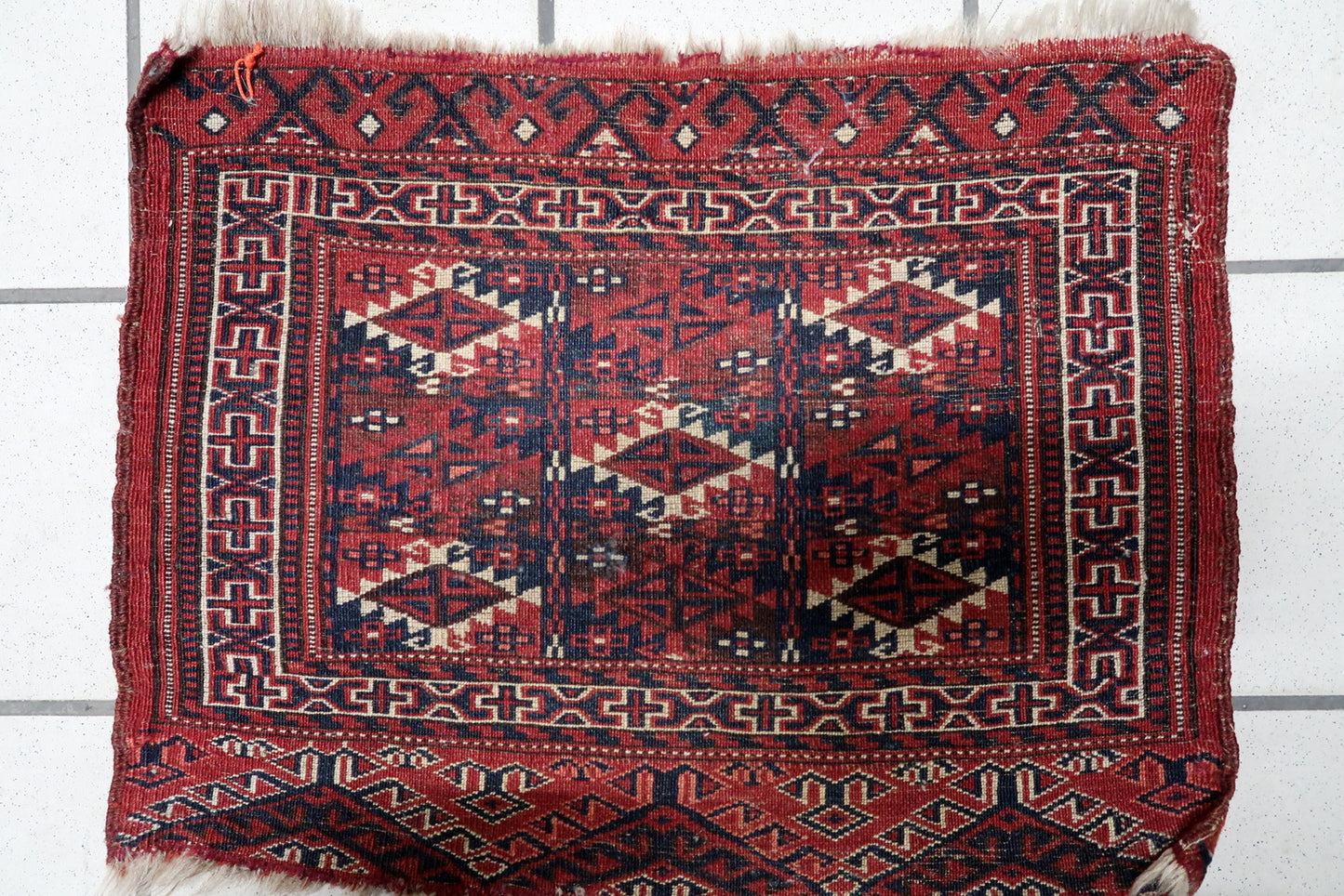 Contrast between brick red field and dark blue patterns

