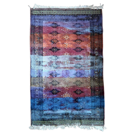 Hand-painted vintage Bukhara rug with abstract color segments

