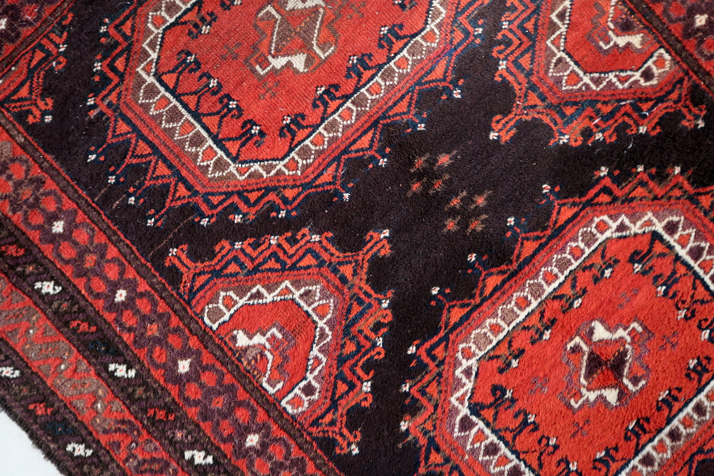 View of the rug's border with its complementary geometric patterning.

