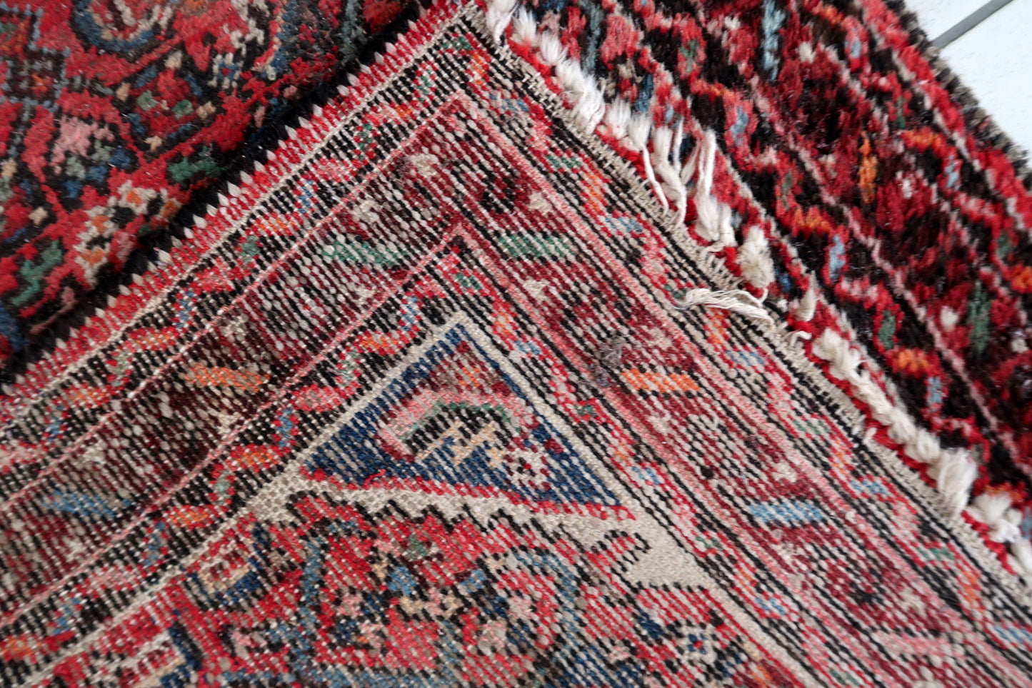 Antique Hamadan runner rug - detail of natural dyes and distressed finish
