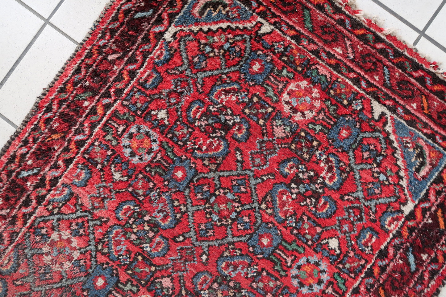 Detail of hand-knotted Persian Hamadan runner border and pattern
