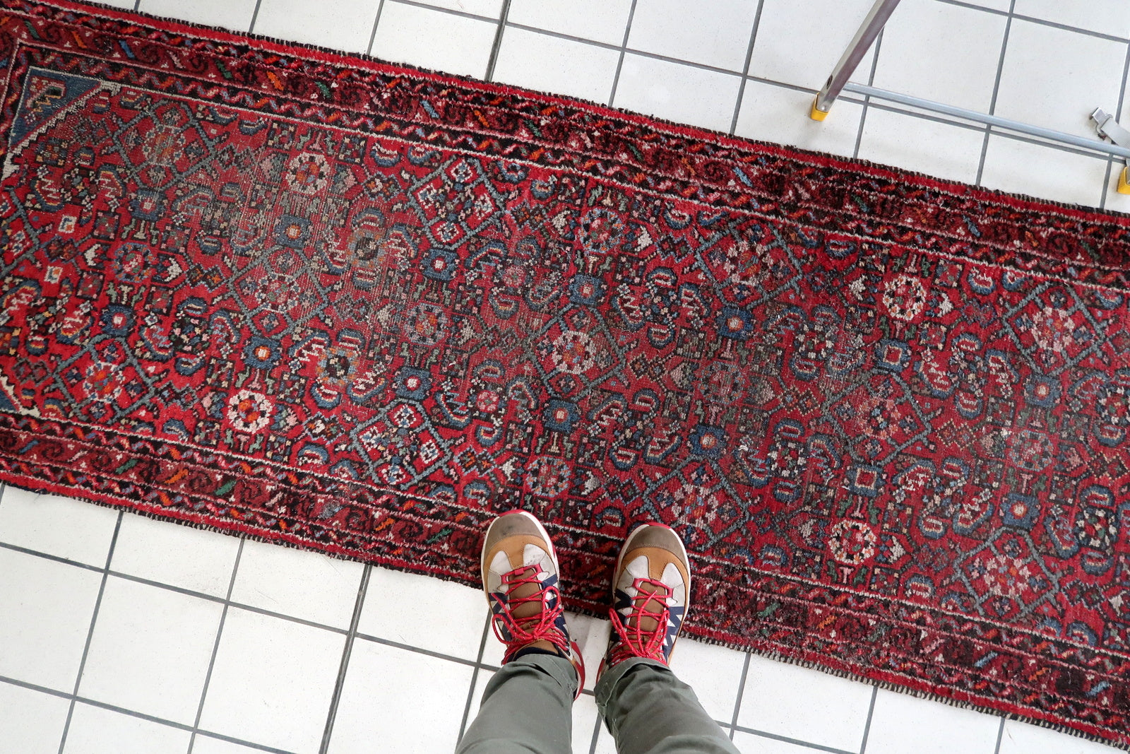 Persian Hamadan runner circa 1920 - distressed wool pile texture detail
