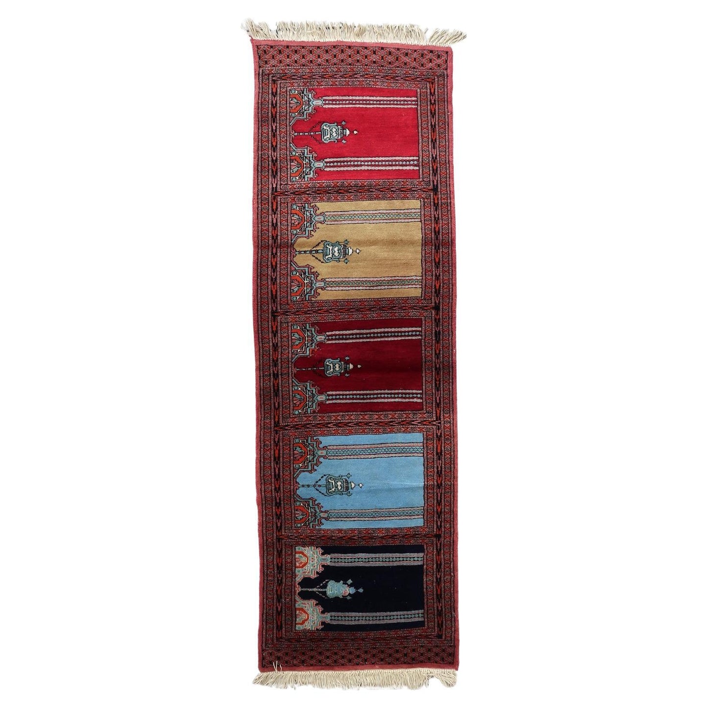 Full top view of the vintage Bukhara runner showing the complete multi-niche design.

