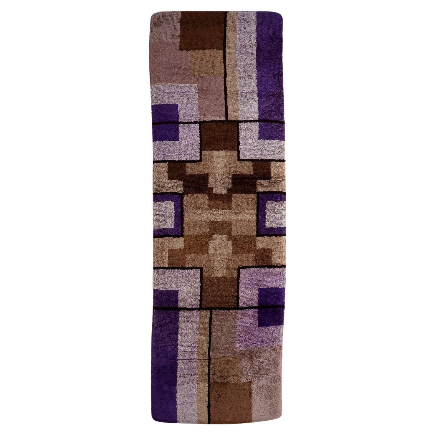 Full top view of the vintage Savonnerie-style runner showing the complete geometric pattern.

