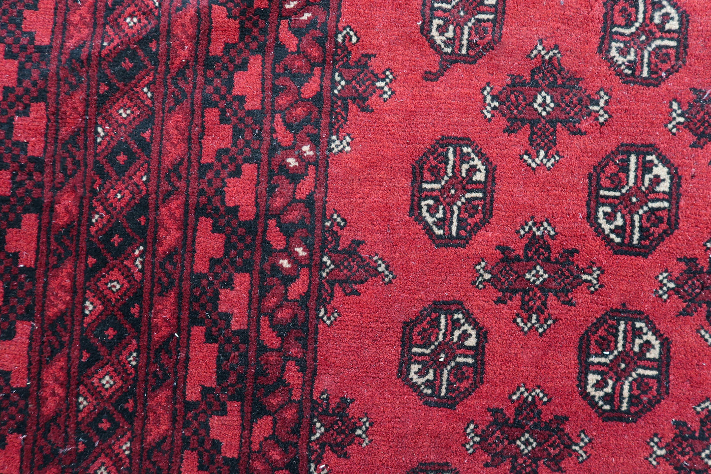 Hand-knotted texture and fine knot density of a 1920s Afghan Ersari tribal carpet, demonstrating exceptional craftsmanship.

