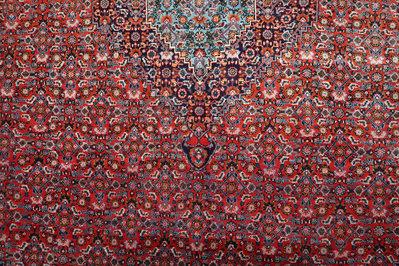 Detail of the all-over Herati (mahi) motif on a 1920s "Iron Rug," providing a sophisticated texture across the main field.

