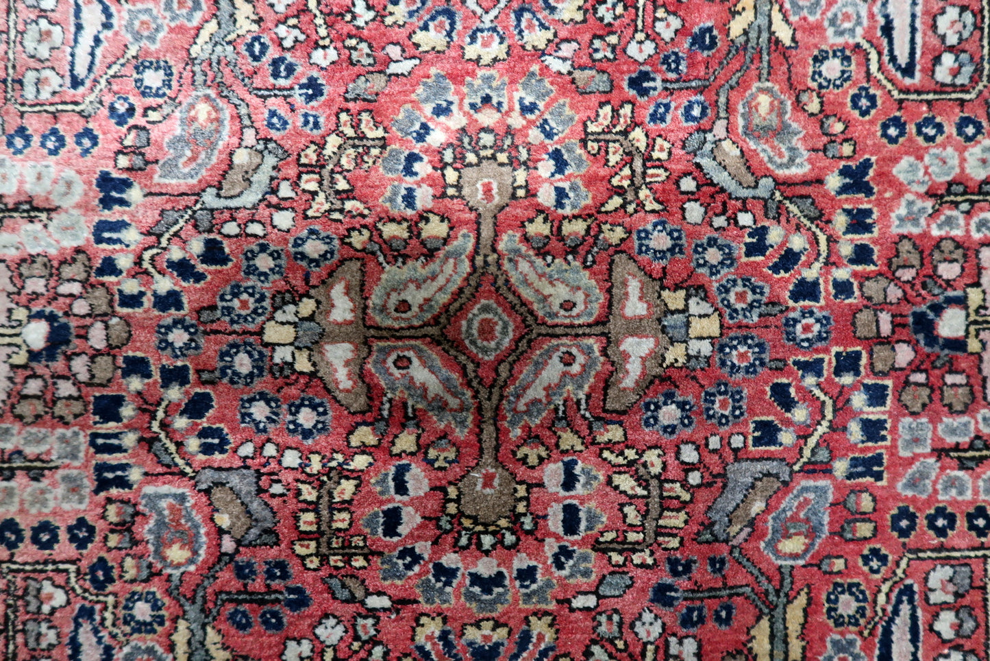 Detail of the striking geometric border on a vintage Persian rug, providing grounding contrast to the fluid, organic interior design.

