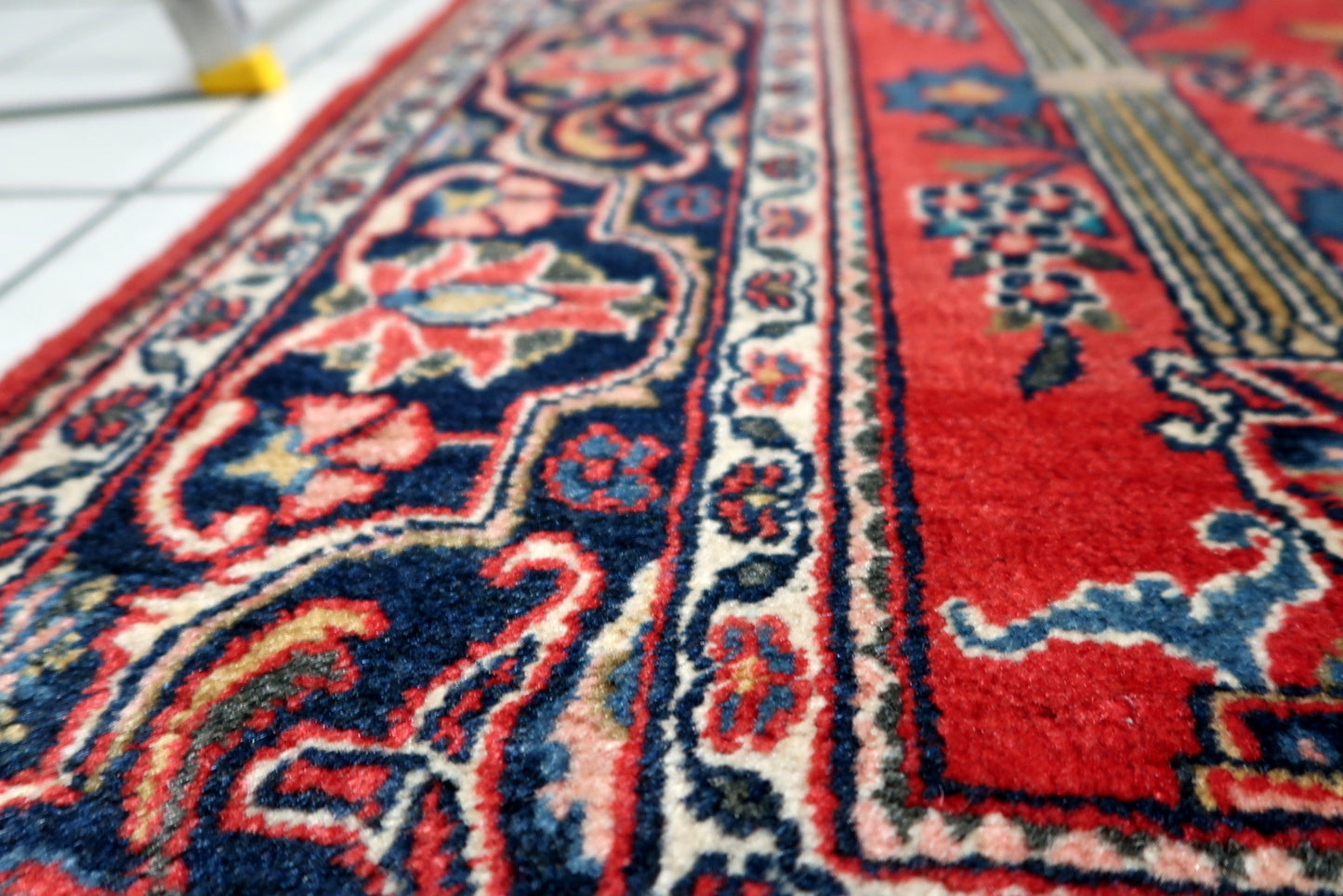 Antique Persian formal room accent rug with traditional Mihrab motif and lustrous Kashan wool.

