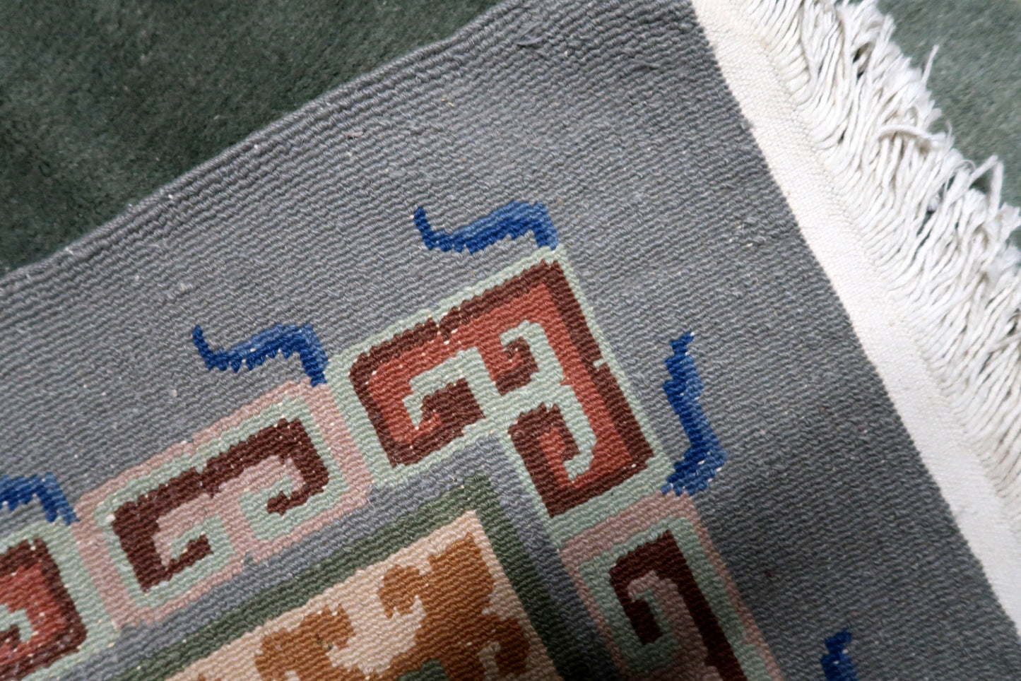 3 foot 7 by 6 foot 4 vintage Tibetan rug ideal for contemporary study or refined Mid-Century Modern entryway