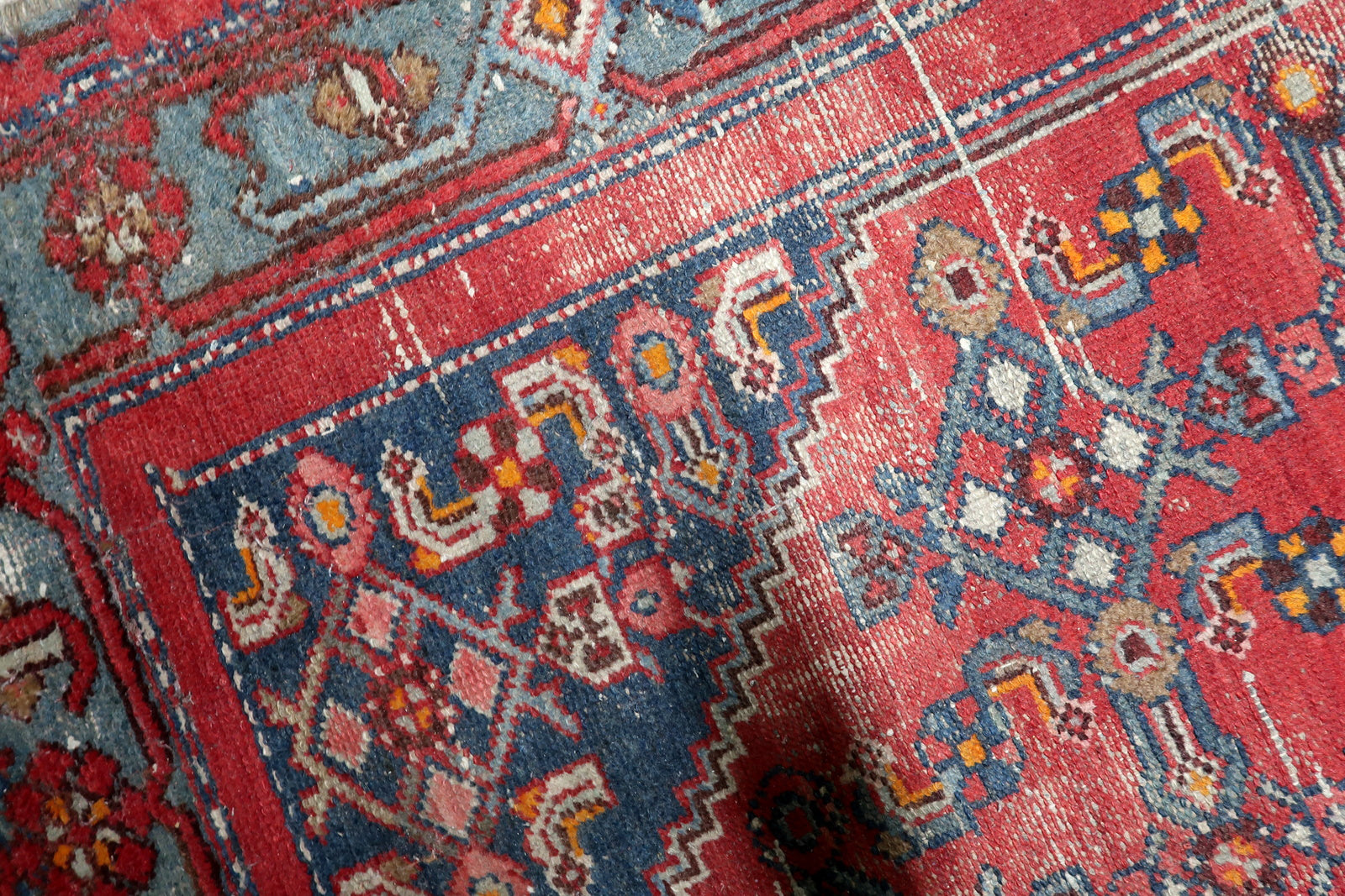 Vintage 1920s Persian Hamadan carpet with classic village weaving traditions and shabby chic aged character