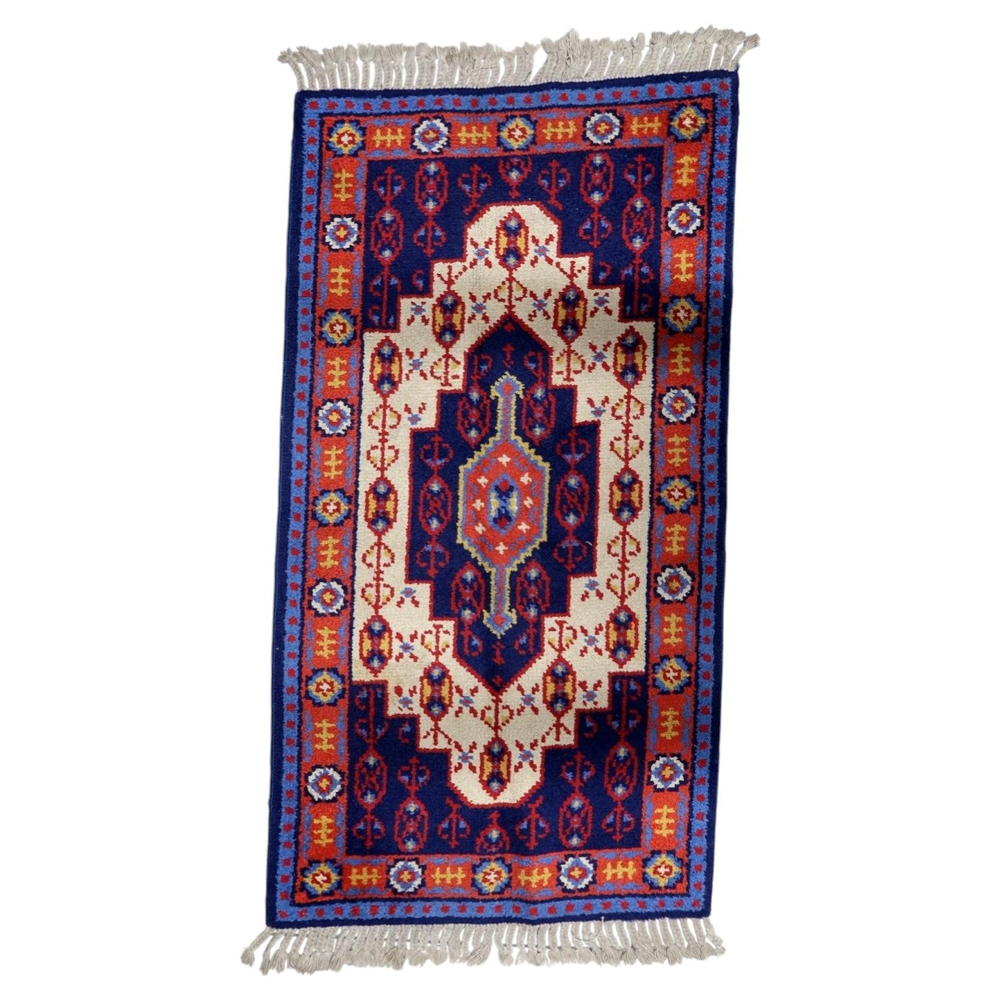 Vintage French Savonnerie rug 1950s wool red blue medallion floral