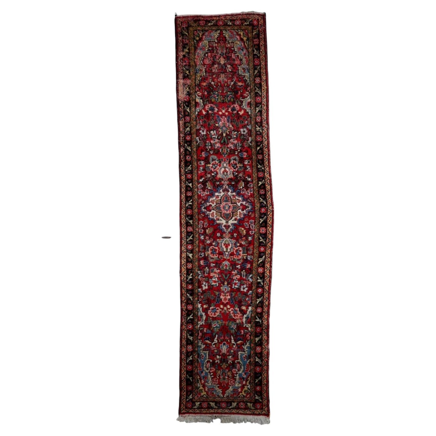Antique Persian Hamadan runner 1920s distressed wool red blue ivory
