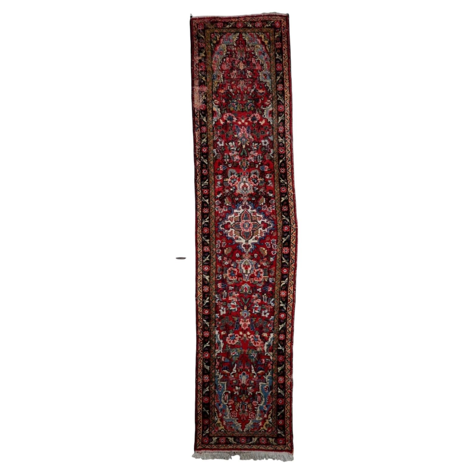 Antique Persian Hamadan runner 1920s distressed wool red blue ivory