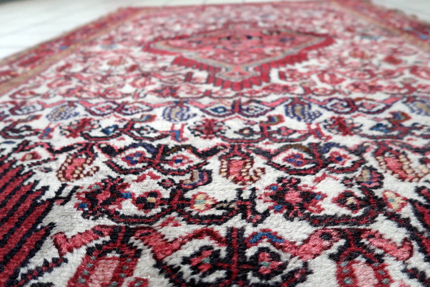 9. Detail of navy blue and ivory geometric motifs contrasting against red field of Persian carpet
