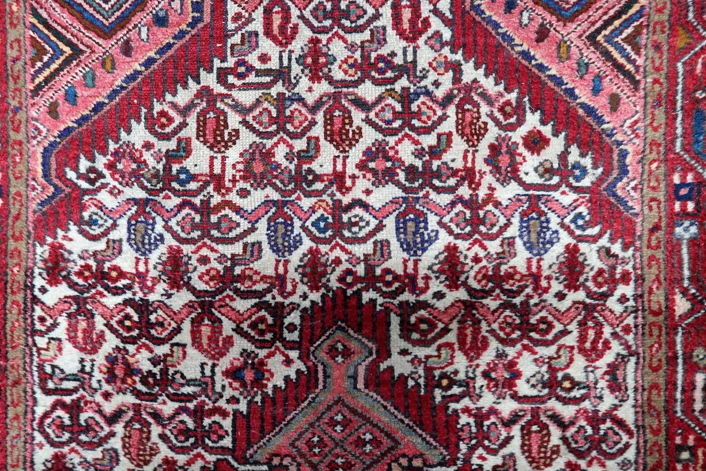 1920s Persian Hamadan rug in room setting showing versatile size for living room or entryway

